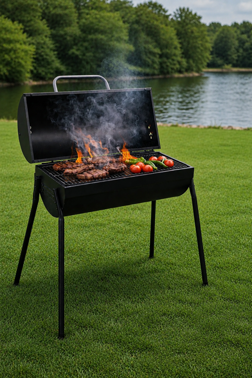 Kapaklı Kömürlü Mangal Barbekü Krom Kaplama Izgara 90x90x85 cm