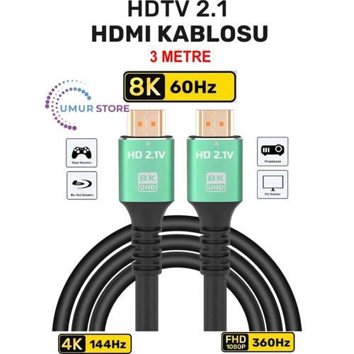 HDMI 2.1 Kablo 8K Ultra Hdtv 3 Metre, 8k 60Hz, 4K 120Hz, 7680P Hdr 2.1V 48GBS Görüntü Kablosu