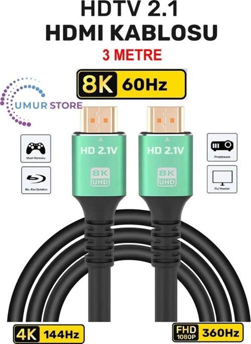 HDMI 2.1 Kablo 8K Ultra Hdtv 3 Metre, 8k 60Hz, 4K 120Hz, 7680P Hdr 2.1V 48GBS Görüntü Kablosu