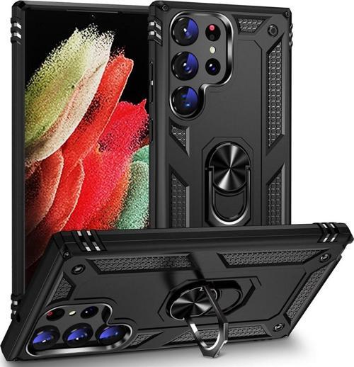 Samsung Galaxy S23 Ultra Uyumlu Kamera Korumalı Standlı Yüzüklü Tank Kılıf