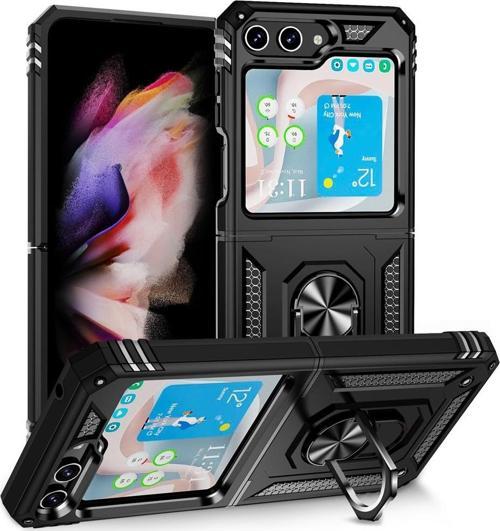 Samsung Galaxy Z Flip 6 Uyumlu Kamera Korumalı Standlı Yüzüklü Tank Kılıf