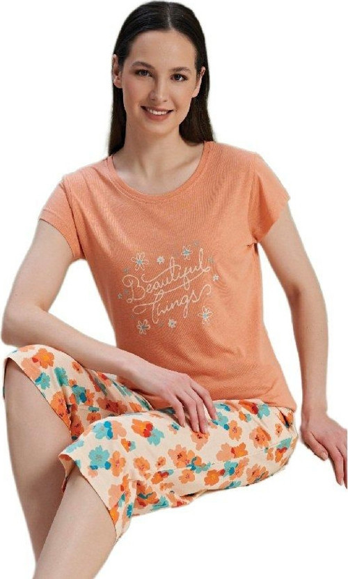 Bellora Tasarım Kadın Pijama Takımı Kapri Alt Kısa Kollu Üst Yazlık Rahat Takım S–XL
