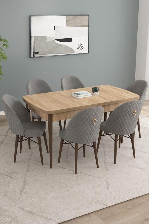 Calvin Meşe Desen 80x132 Açılabilir Mdf Masa Yemek Odası Takımı, Mutfak Takımı 6 Adet Sandalye