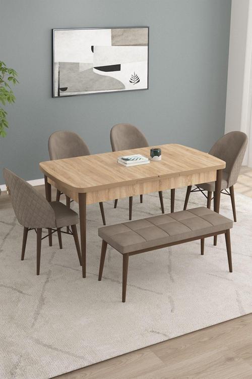 Calvin Meşe Desen 80x132 Açılabilir Mdf Masa Yemek Odası Takımı, Mutfak Takımı 4 Sandalye, 1 Bench