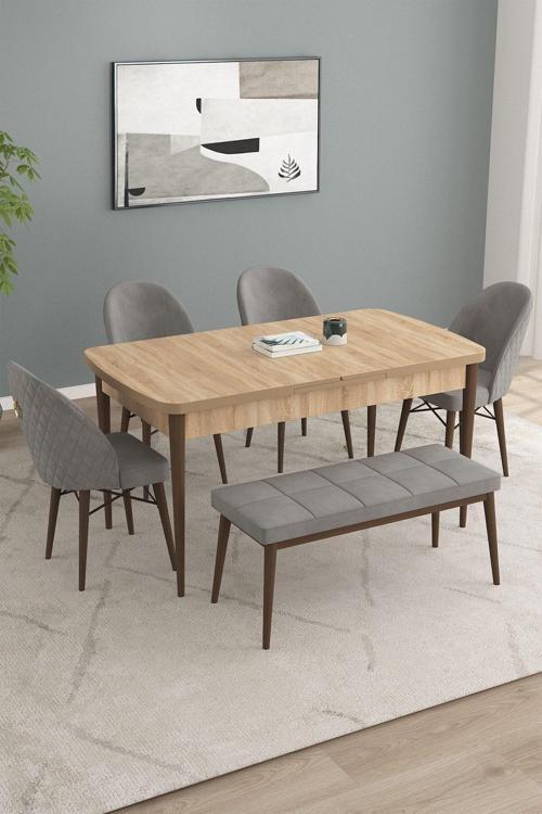 Calvin Meşe Desen 80x132 Açılabilir Mdf Masa Yemek Odası Takımı, Mutfak Takımı 4 Sandalye, 1 Bench