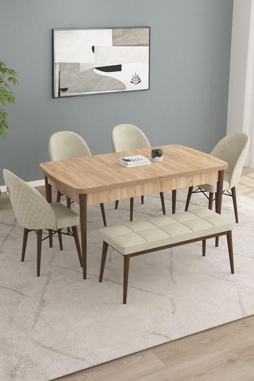 Calvin Meşe Desen 80x132 Açılabilir Mdf Masa Yemek Odası Takımı, Mutfak Takımı 4 Sandalye, 1 Bench