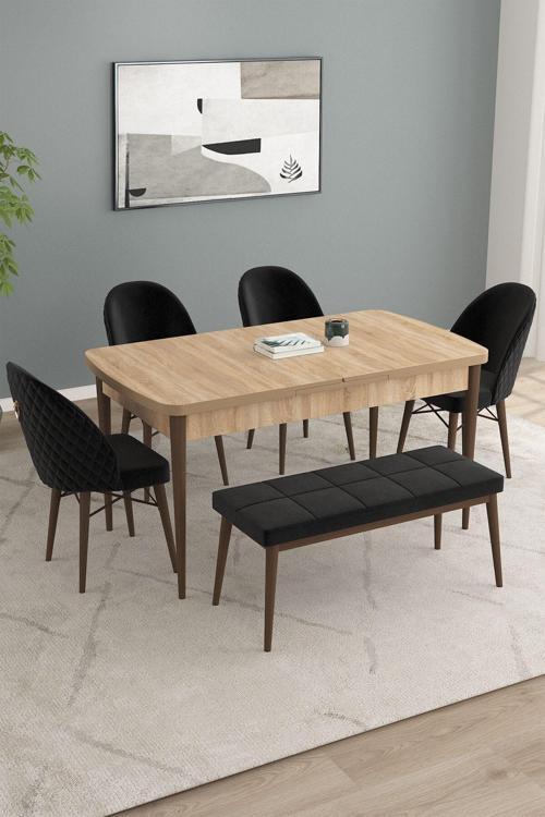 Calvin Meşe Desen 80x132 Açılabilir Mdf Masa Yemek Odası Takımı, Mutfak Takımı 4 Sandalye, 1 Bench