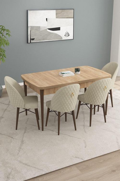 Calvin Meşe Desen 80x132 Açılabilir Mdf Masa Yemek Odası Takımı, Mutfak Takımı 4 Adet Sandalye