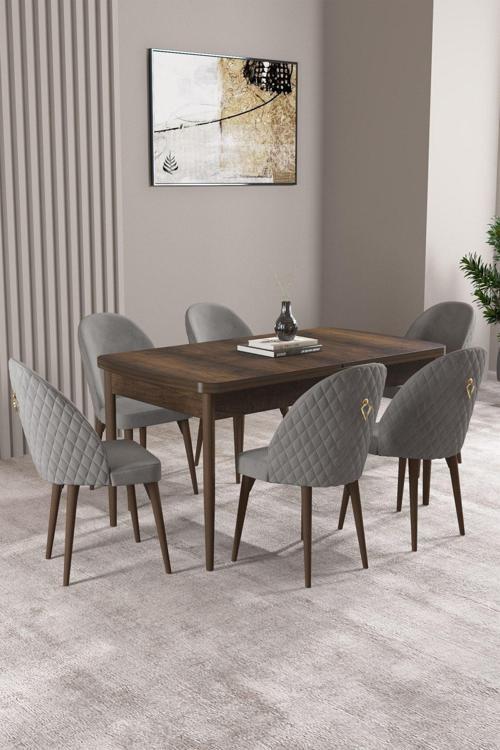 ​​​​​​​Milas Barok Desen 80x132 Açılabilir Mdf Masa Yemek Odası Takımı, Mutfak Takımı 6 Sandalye