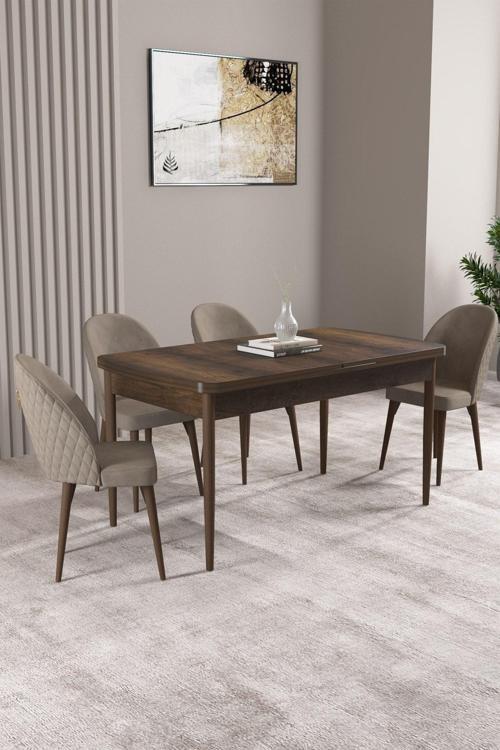 ​​​​​​​Milas Barok Desen 80x132 Açılabilir Mdf Masa Yemek Odası Takımı, Mutfak Takımı 4 Adet Sandaly