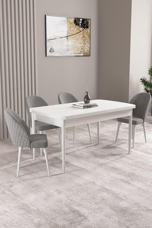 Milas Beyaz 80x132 Açılabilir Mdf Masa Yemek Odası Takımı, Mutfak Takımı 4 Adet Sandalye