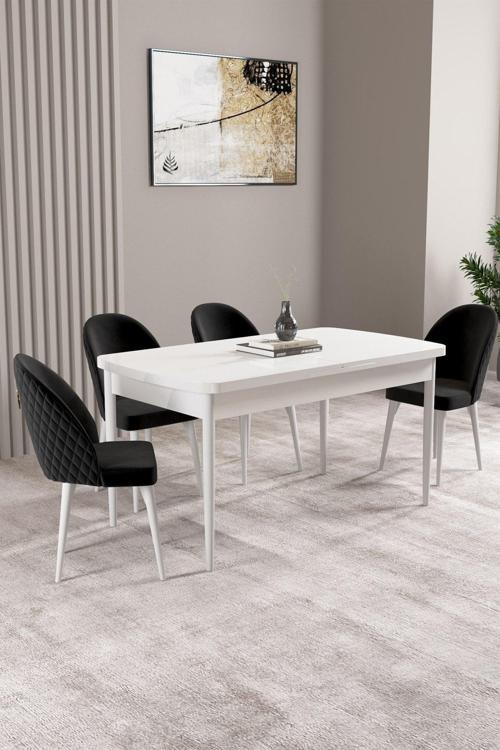 Milas Beyaz 80x132 Açılabilir Mdf Masa Yemek Odası Takımı, Mutfak Takımı 4 Adet Sandalye