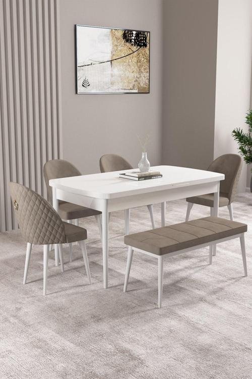 Milas Beyaz 80x132 Açılabilir Mdf Masa Yemek Odası Takımı, Mutfak Takımı 4 Sandalye, 1 Bench