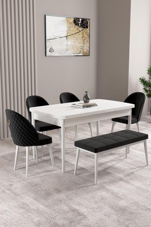 Milas Beyaz 80x132 Açılabilir Mdf Masa Yemek Odası Takımı, Mutfak Takımı 4 Sandalye, 1 Bench