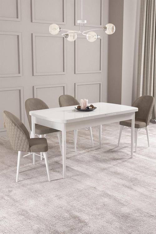 Calvin Beyaz 80x132 Açılabilir Mdf Masa Yemek Odası Takımı, Mutfak Takımı 4 Adet Sandalye