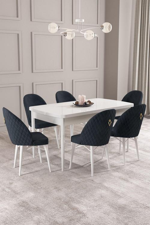 Calvin Beyaz 80x132 Açılabilir Mdf Masa Yemek Odası Takımı, Mutfak Takımı 6 Adet Sandalye
