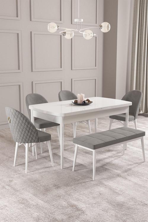 Calvin Beyaz 80x132 Açılabilir Mdf Masa Yemek Odası Takımı, Mutfak Takımı 4 Sandalye, 1 Bench