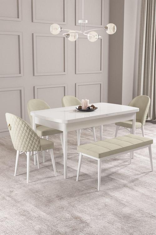 Calvin Beyaz 80x132 Açılabilir Mdf Masa Yemek Odası Takımı, Mutfak Takımı 4 Sandalye, 1 Bench