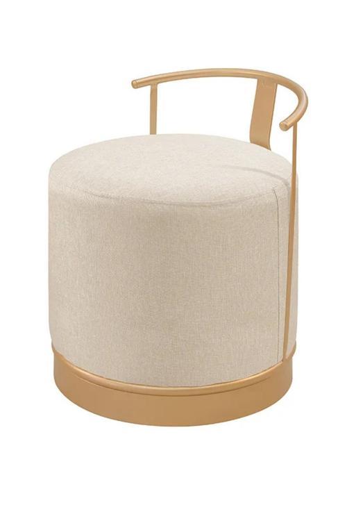 Pufi Puf Gold Metal Çerçeveli  Keten Çok Amaçlı Dekoratif Oturak, Makyaj Oturağı,Montajsız Puf Bench