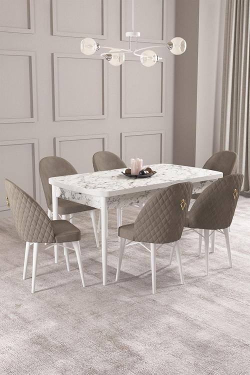​​​​​​​Calvin Beyaz Mermer Desen 80x132 Açılabilir Mdf Masa Yemek Odası Takımı, Mutfak Takımı 6 Adet