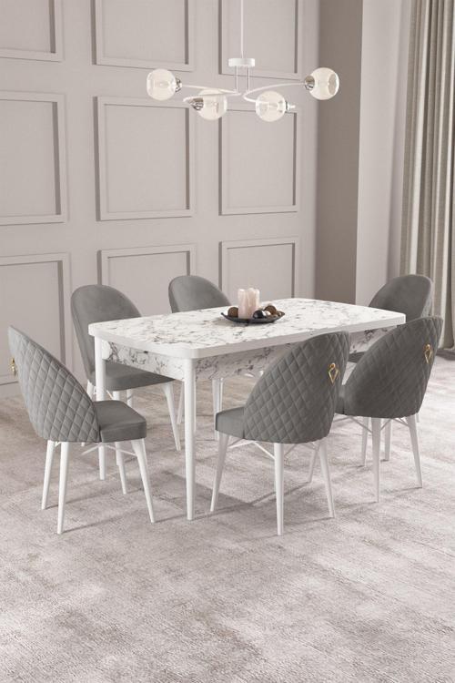 ​​​​​​​Calvin Beyaz Mermer Desen 80x132 Açılabilir Mdf Masa Yemek Odası Takımı, Mutfak Takımı 6 Adet
