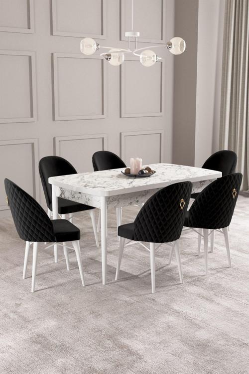 ​​​​​​​Calvin Beyaz Mermer Desen 80x132 Açılabilir Mdf Masa Yemek Odası Takımı, Mutfak Takımı 6 Adet