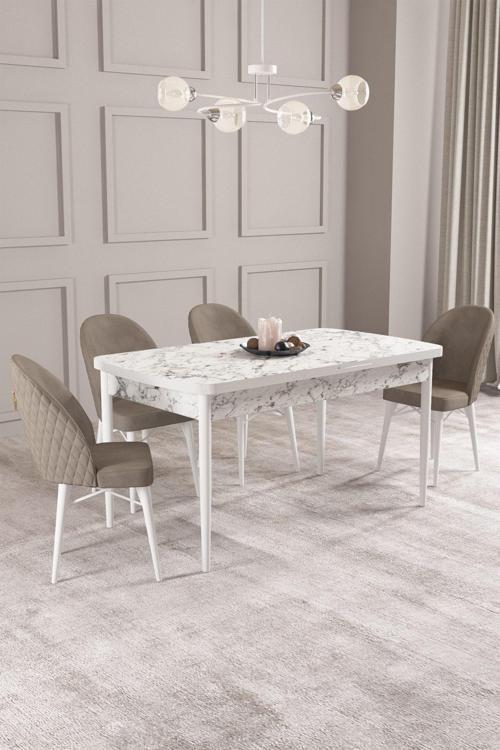 Calvin Beyaz Mermer 80x132 Açılabilir Mdf Masa Yemek Odası Takımı, Mutfak Takımı 4 Adet Sandalye