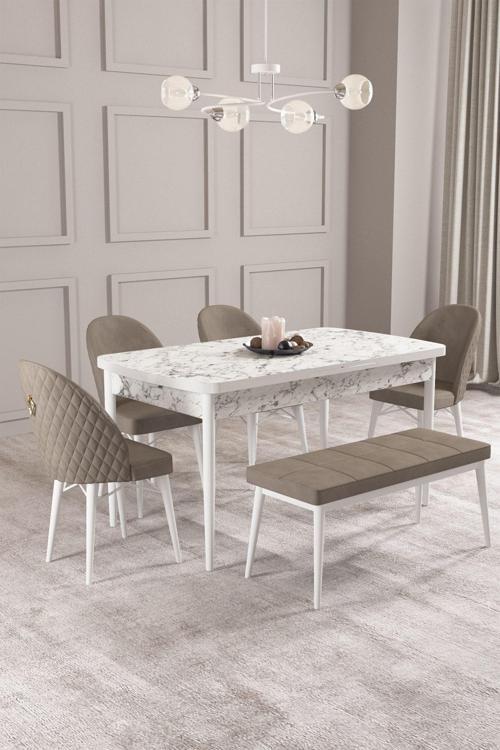 Calvin Beyaz Mermer 80x132 Açılabilir Mdf Masa Yemek Odası Takımı, Mutfak Takımı 4 Adet Sandalye, 1 