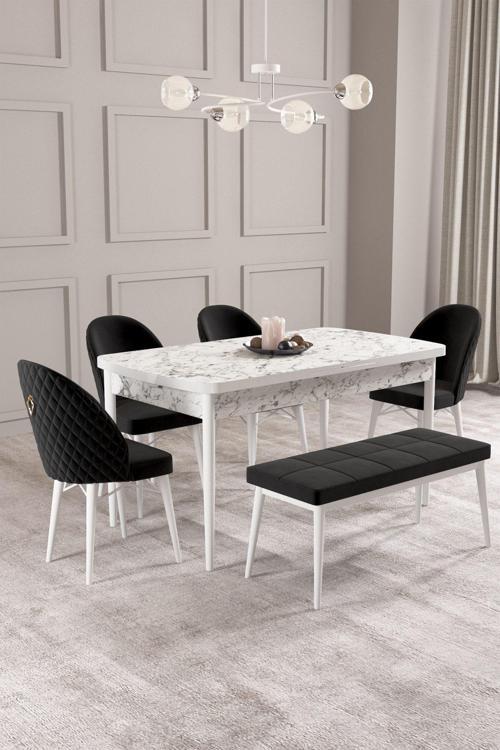 Calvin Beyaz Mermer 80x132 Açılabilir Mdf Masa Yemek Odası Takımı, Mutfak Takımı 4 Adet Sandalye, 1 