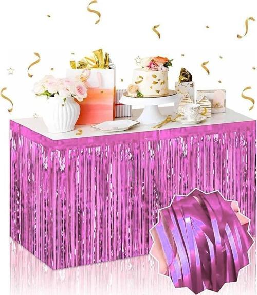 Kendinden Yapışkanlı Pembe Metalize Püsküllü Masa Eteği – 75 x 275 cm Parti Süslemesi