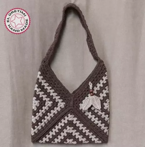 - Emine 9106 - 3217 El Örgüsü Ahşap Boncuk Detaylı Omuz Çantası - Kahve Tonları