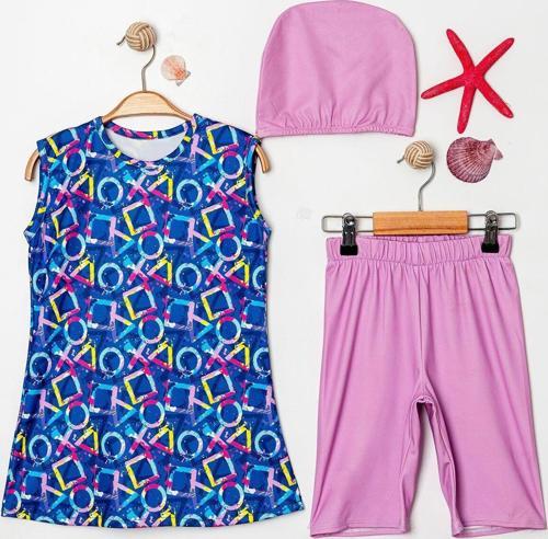 Batik Desenli Boneli Kız Çocuk Üçlü Mayo Kolsuz Set