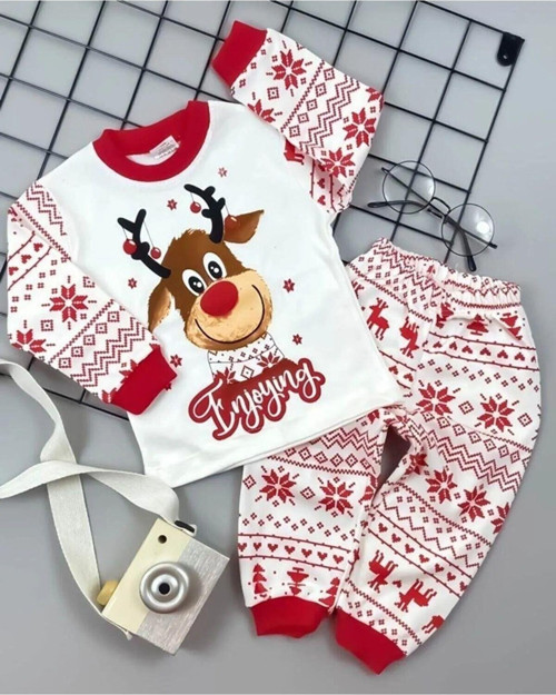 Yılbaşı Noel Yeniyıl Etnik Desen Geyikli Çocuk Pijama Takım 1 2 3 4 5 6 7 8 9 Yaş