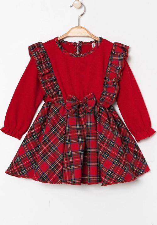 Bayramlık Fiyonk Detaylı Ekoseli Alttan Çıtçıtlı Kız Bebek Elbise