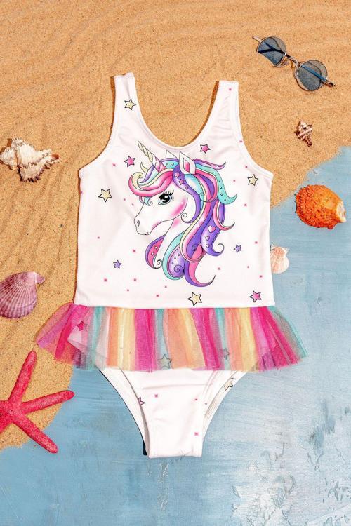 Yıldız Desenli Renkli Tül Detaylı Kız Çocuk Mayo