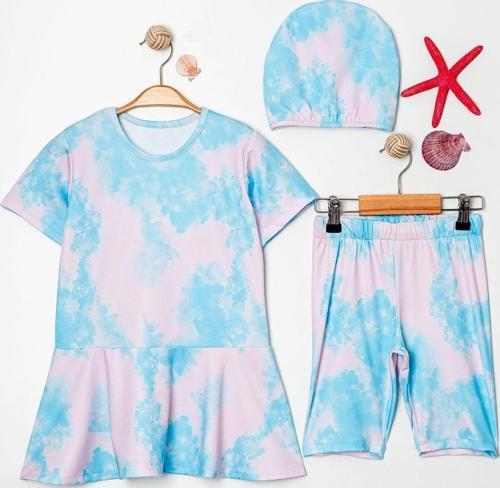 Batik Desenli Volan Etekli Boneli Kız Çocuk Üçlü Set Mayo