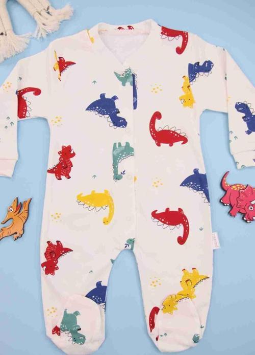 Dino Desenli Beyaz Patikli Erkek Bebek Tulum