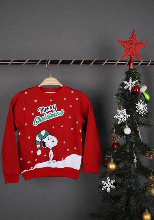 Snoopy Baskılı Unısex Çocuk Noel Sweat Şardonlu 2 İp