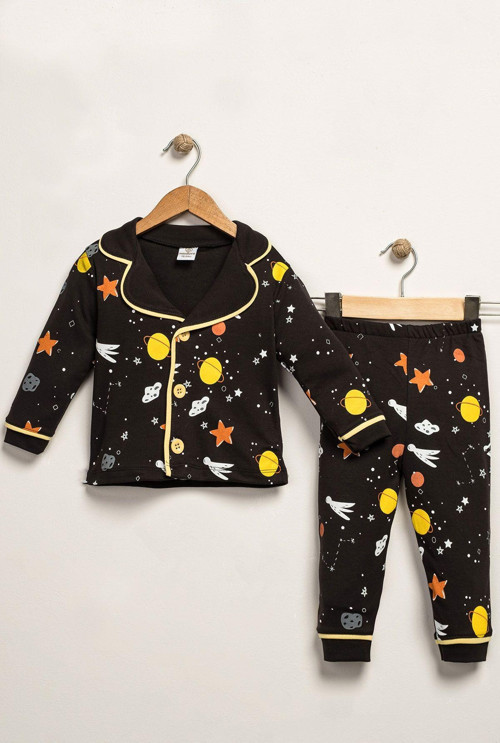 Uzay Desenli Kruvaze Yaka Erkek Bebek Pijama Takım