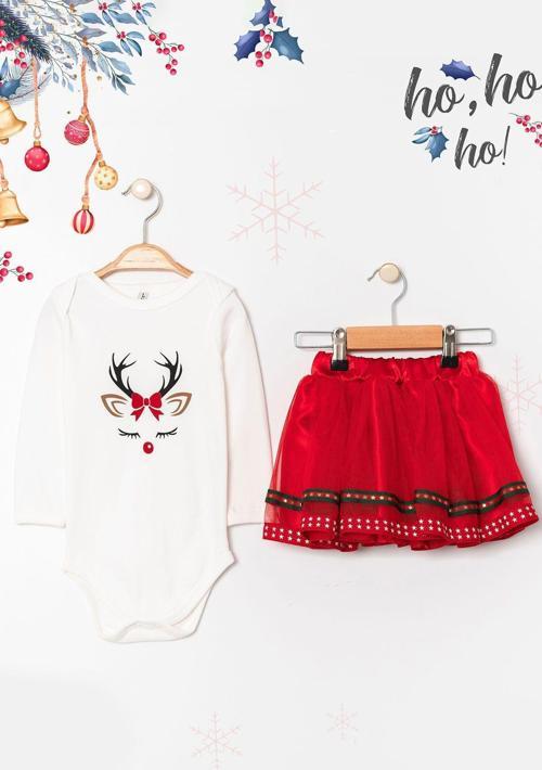 Geyik Baskılı Tütü Etekli Kız Bebek Noel Takım
