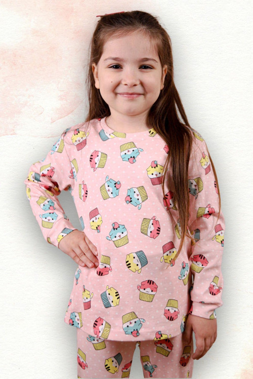 Kedi Desenli %100 Pamuk Kız Çocuk Pijama Takım