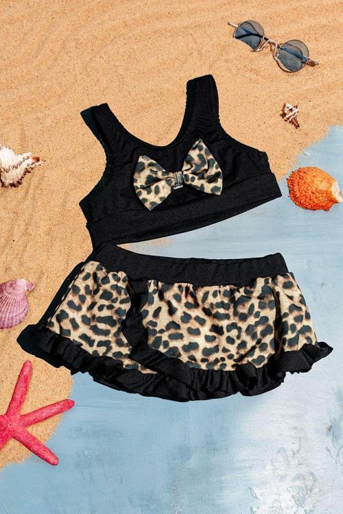 Fiyonk Detaylı Kız Çocuk Siyah Mayo Bikini Takım