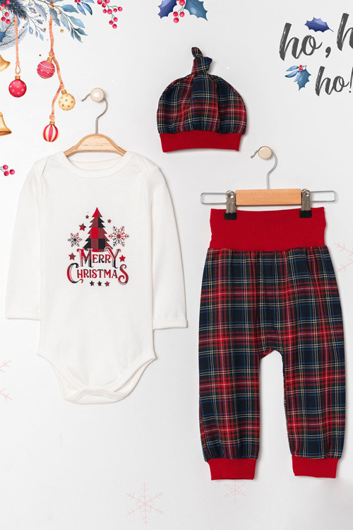 Merry Christmas Baskılı Ekoseli Şapkalı 3'Lü Noel Takım
