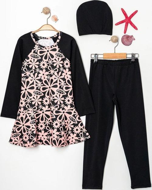 Çiçek Desenli Boneli Taytlı Kız Çocuk Mayo 3'Lü Set