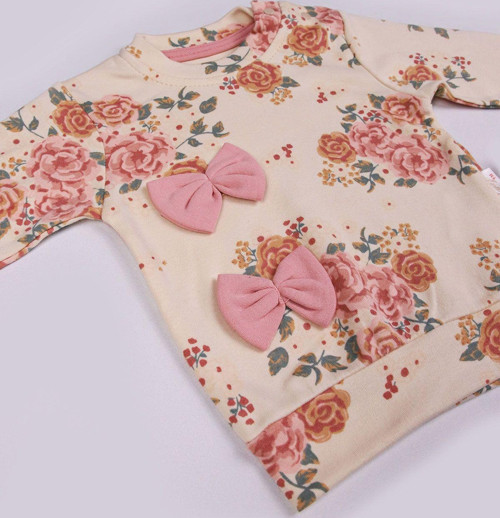 Fiyonk Detaylı Gül Desenli Kız Bebek Takım