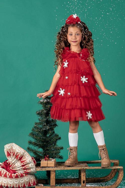 Kartanesi Detaylı Tokalı Kız Çocuk Noel Elbise