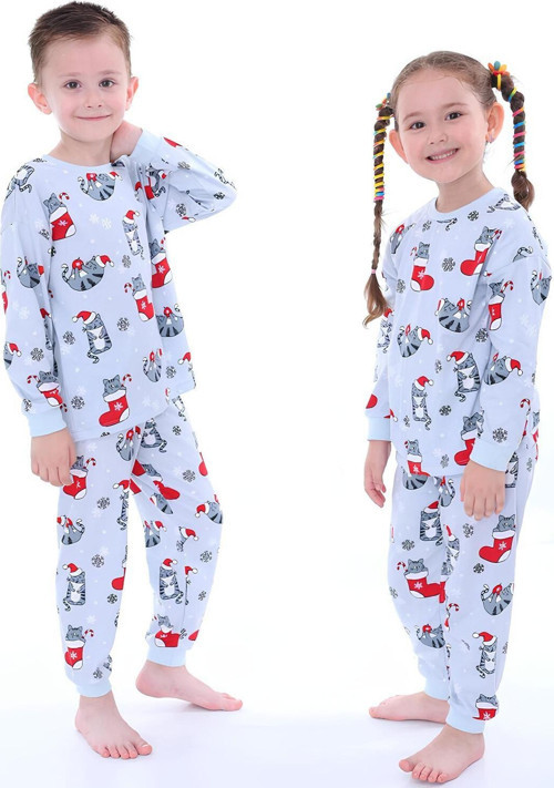 Yılbaşı Kedi Desenli Unisex Çocuk Pijama Takım
