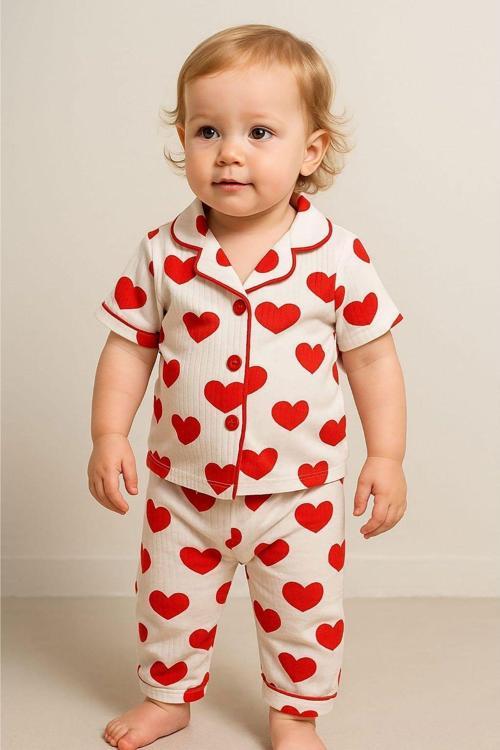 Büyük Kalp Desenli Önden Düğmeli Pamuklu Yazlık Kız Çocuk Pijama Takımı