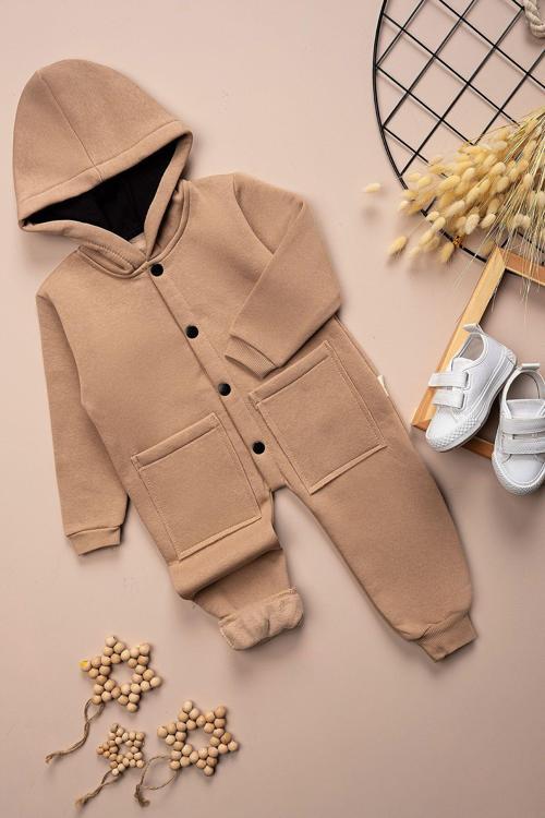Çocuk Kışlık 3 İplik Şardonlu Kapüşonlu Çift Cepli Çıtçıt Düğmeli Tulum