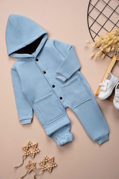 Çocuk Kışlık 3 İplik Şardonlu Kapüşonlu Çift Cepli Çıtçıt Düğmeli Tulum